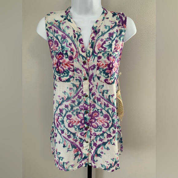 NWOT Aratta Cream Sleeveless Button DownTank with Purple & Teal Print - Picture 16 of 16